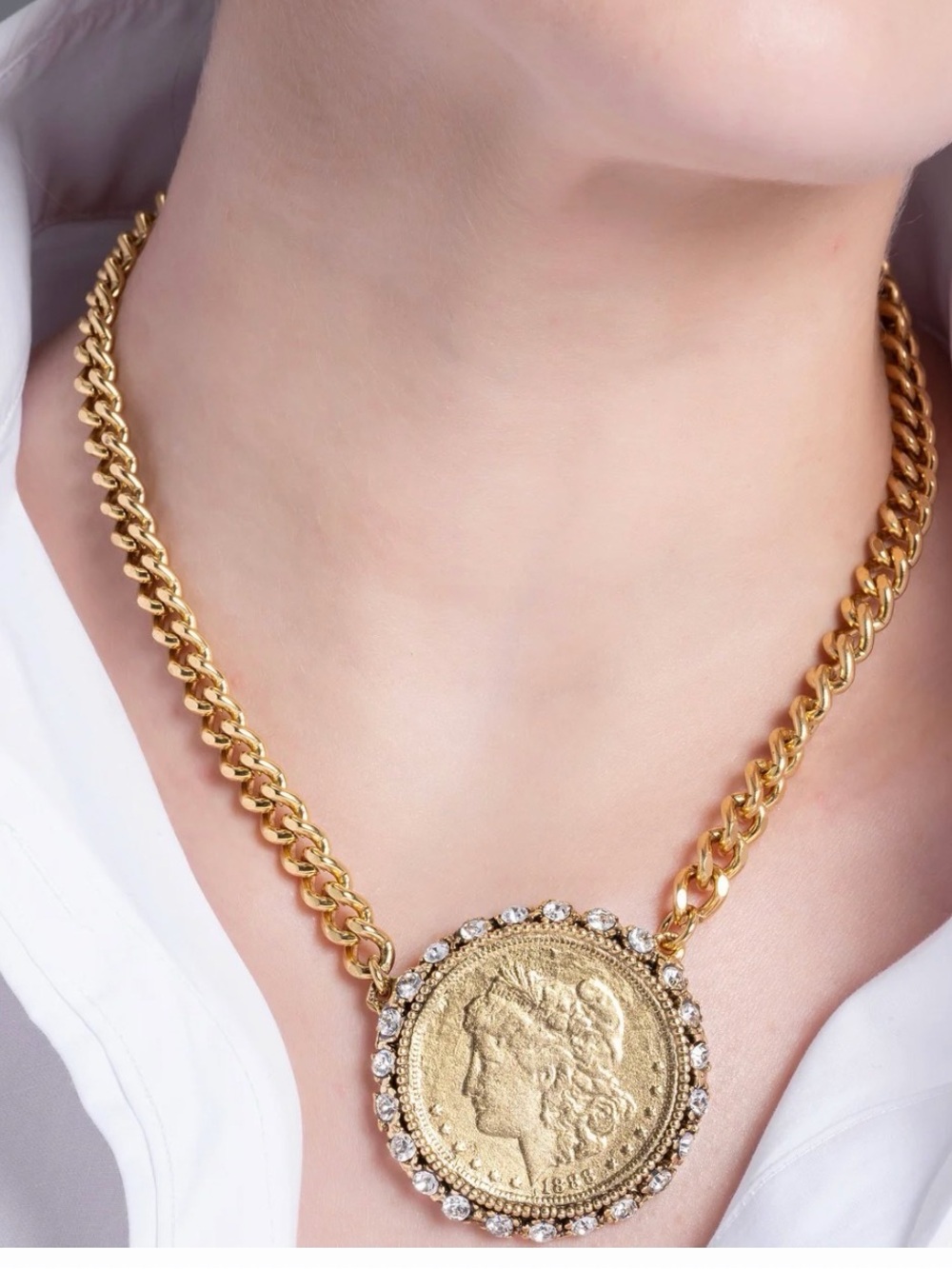 Yochi Lucia Gold-Tone Coin Pendant Necklace with Rhinestone Halo - Women Jewelry